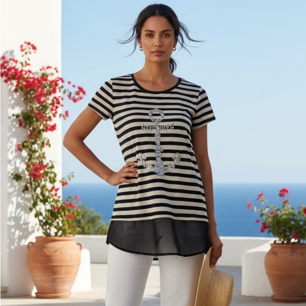 Style&Co Black and Tan Stripe Anchor Novelty Crystal Casual Glam T-Shirt Small
